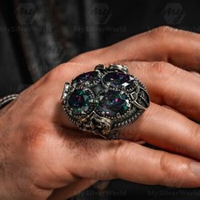 925 Sterling Silver Ax and 4 Mystic Topaz Stone Huge Turkish Handmade Men's Ring