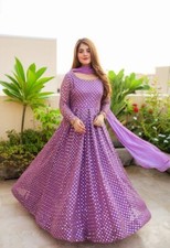 Latest Purple Faux Georgette Gown With Dupatta For Indian Reception Wear
