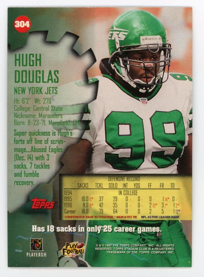 1997 Stadium Club Hugh Douglas Card #304 - Image 4 of 4