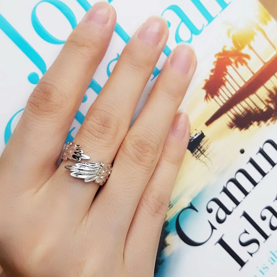 Anillo de plata esterlina con alas de ángel de la guarda banda abierta anillo de protección Foto 3 de 4