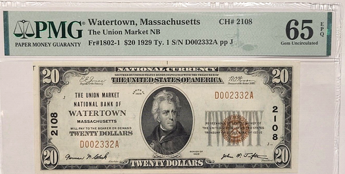 1929 $20 Watertown Massachusetts PMG 65 Gem Uncirculated Charter # 2108 EPQ - 第 1/2 張圖片