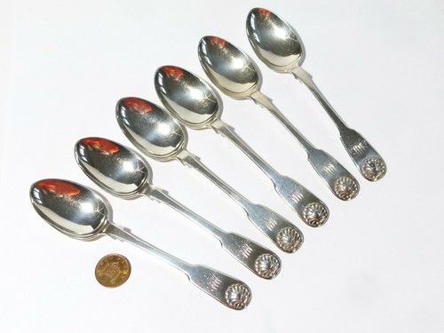 6 x antike 1877 viktorianische Newcastle Sterlingsilber Löffel Geige Muschel MM (a12 - Bild 2 von 12