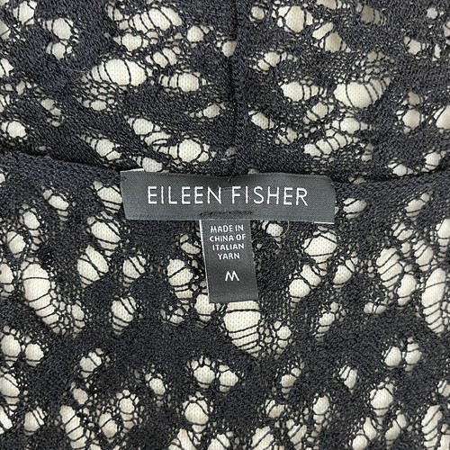 Eileen Fisher Sz M Open Front Crocheted Wool Cardigan Lightweight Elbow-Slv Blk - Picture 7 of 9