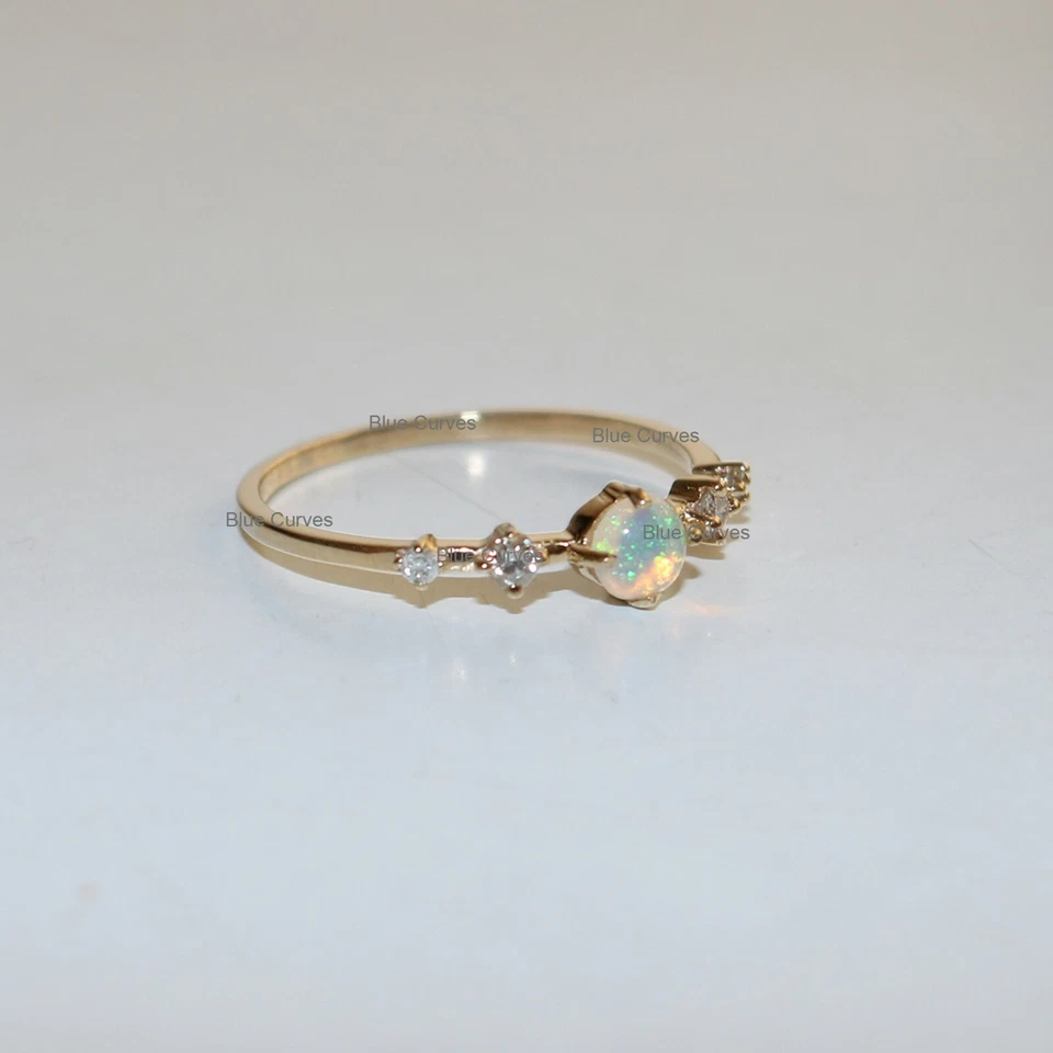 Anillo conjunto de puntas de oro amarillo sólido de 14 k con piedras preciosas de ópalo etíope y diamantes naturales Foto 2 de 3