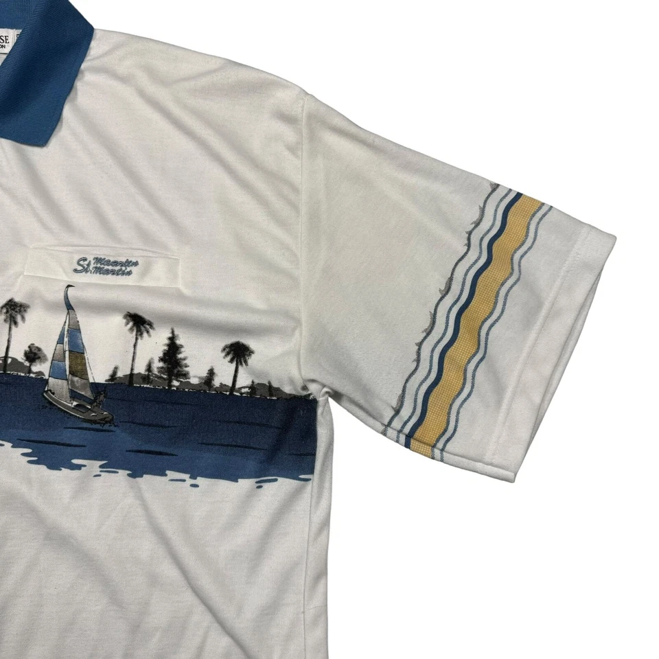 Polo Men's XXL Vintage Beach Vacation Blue White Striped Ocean Island Zone - Image 3 of 4