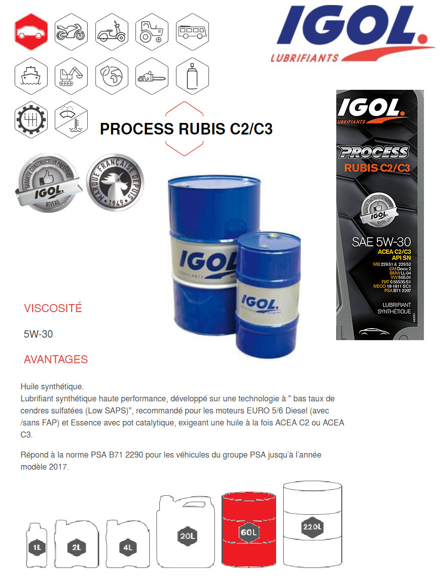 Huile moteur 5W30 Igol Rubis anti-usure Mercedes ACEA C2 C3 60L