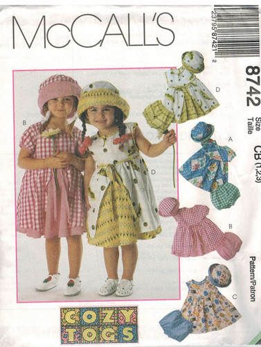 8742 UNCUT McCalls SEWING Pattern Cozy Togs Girls Dress Hat Panties OOP SEW