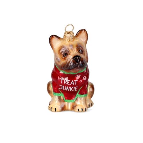 Joy to the World French Bulldog in Treat Junkie T Shirt Polish Glass Ornament - Picture 1 of 5