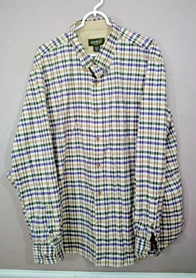 Camisa Eddie Bauer Para Hombres XXL Verde Azul Beige Abotonada 100% Algodón Foto 2 de 4