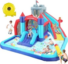 Kids Inflatable Bounce House Water Slide with Slides, Climbing Wall, Splash Pool
