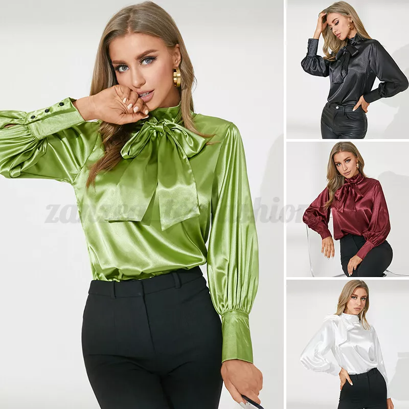 Chigant Satin Tops for Women Elegant Long Sleeve Tie Front Silk Satin Blouse  Casual Crop Tunic Top A-Dark Green at  Women's Clothing store