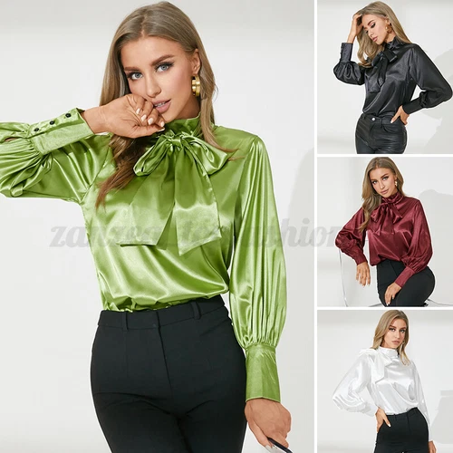 Women Bow Tie Long Puff Sleeve Satin Blouse Tee Shirt Office Ladies Oversize Top - Picture 2 of 21