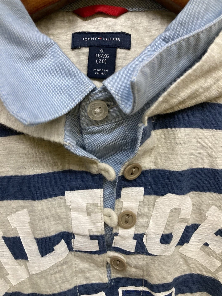 Tommy Hilfiger Sudadera con Capucha Para Mujer XL Gris Rayas Cuello Botón NY Crew Foto 4 de 4