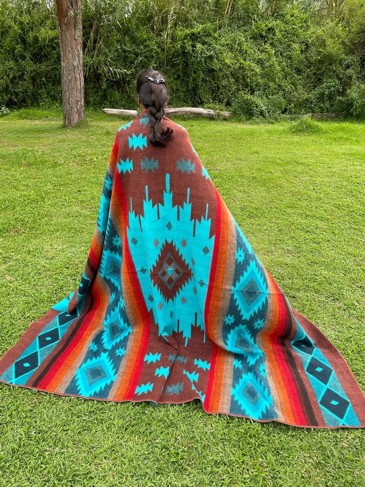 Handcrafted Alpaca Wool Blanket Turquoise Navajo King Reversible Southwestern - Image 2 of 4