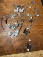 Butterfly CD Jewelry Set, 2 Necklaces, Earrings, Bracelet On Silver Plating