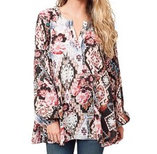 Show Me Your Mumu Jamie Tunic Mini Babydoll Dress XS Tribal Floral Mixed Print