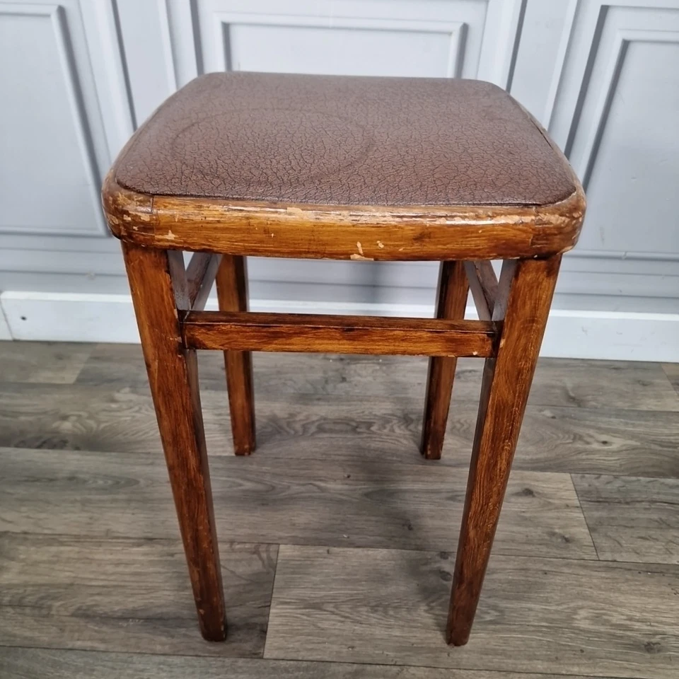 Single Vintage Retro Solid Wooden Mid Century Modern Vinyl Kitchen Stool Seat - Image 3 of 4