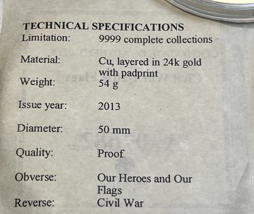 150th Anniversary Of Civil War Gold Plated American Mint Medal 50mm, 54Grams - Picture 4 of 12