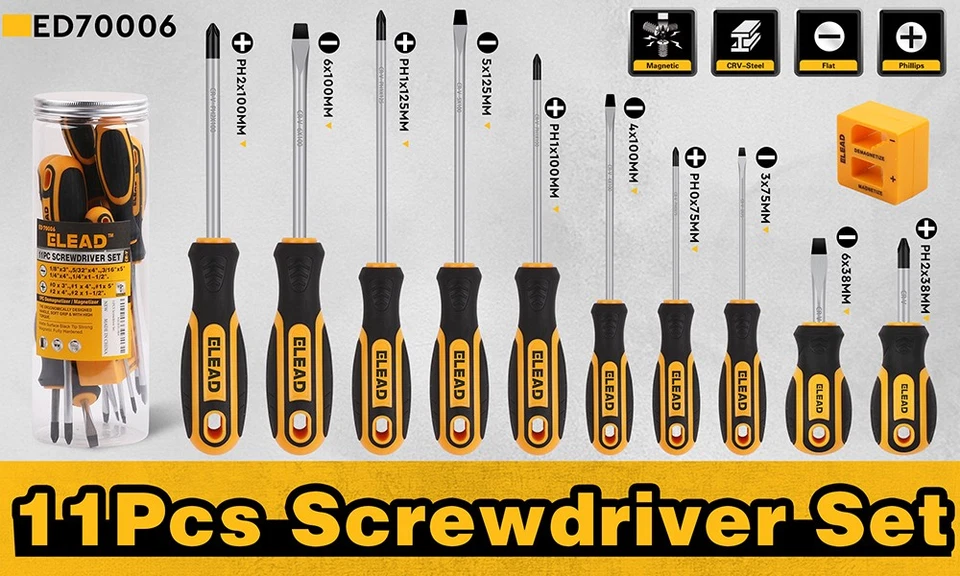 11Pcs Magnetic Screwdriver Set 5 Phillips & 5 Flat Tips for Fastening Loosening - Image 2 of 4