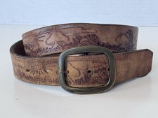 Vintage Acme Tooled Brown Distressed Leather Mushroom Belt Boho Butterfly Sun 36