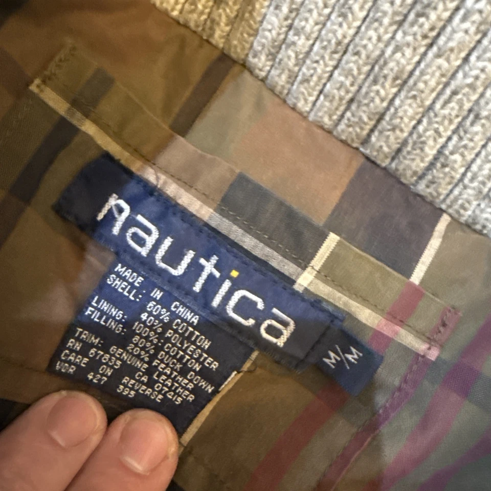 Chaqueta acolchada de plumón de pato NAUTICA años 90 de colección con parches de cuero en el codo para hombre mediana M Foto 4 de 4