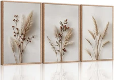 New 3Pcs Beige Neutral Floral Botanical Canvas Wall Art Modern Minimalist Flower