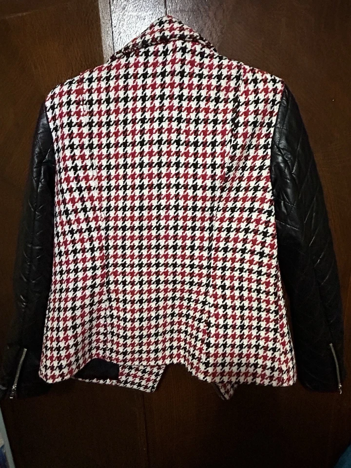 Kut From The Kloth Black Red & White Houndstooth & Faux Leather Jacket Size M - Image 2 of 4