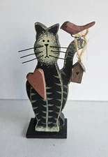 Vintage Folk Art Black & Gray Cat With a  Heart Bird & Bird House Wood Decor