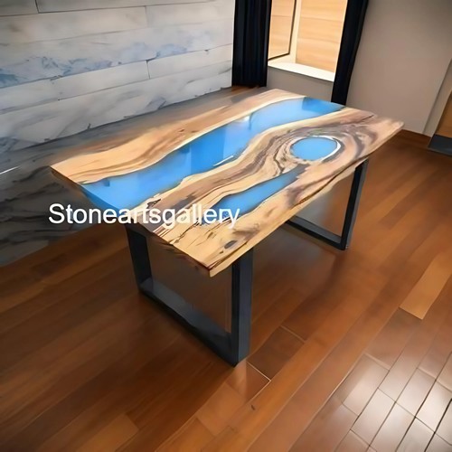 Blue Epoxy Resin Center Dining Table Natural Wooden Modern Furniture Hallway Dec - Picture 5 of 11