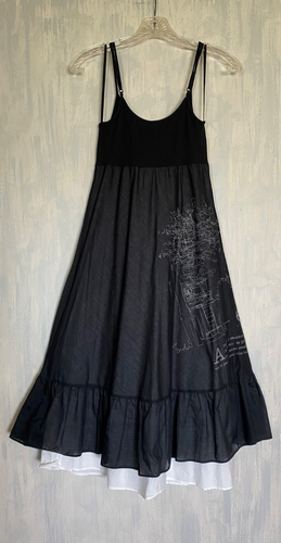 COP COPINE Lagenlook Spaghettiträger Kleid mit geripptem Top, Grafik Artwork schwarz 1 - Bild 11 von 11