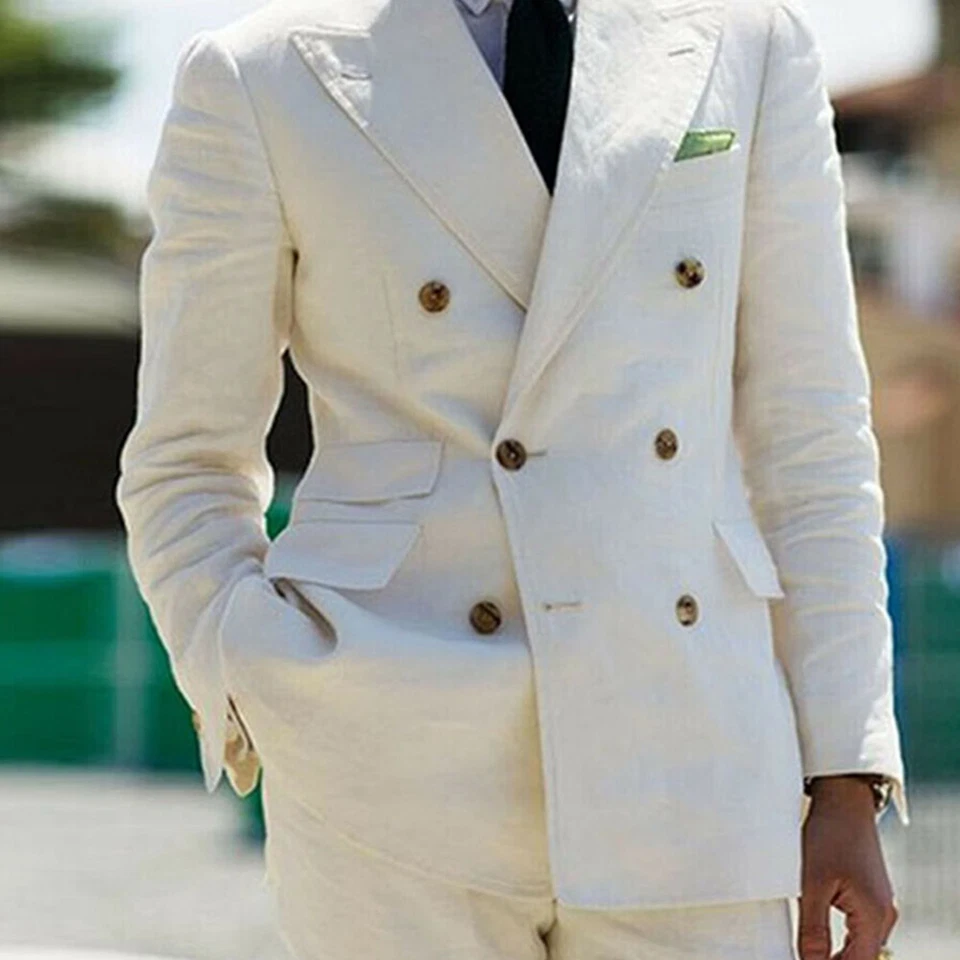 Cream Linen Men Suits Casual Double Breasted Blazer Wide Peak Lapel Groom Tuxedo - Image 3 of 4