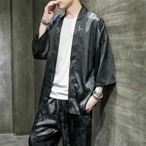 Mens Kimono Yukata Outwear Coat Tops Faux Silk Satin Dragon Vintage Loose Casual - Picture 8 of 15
