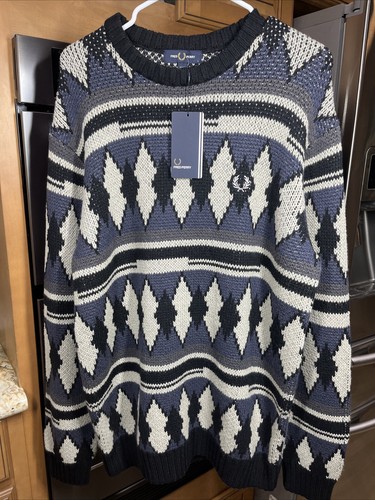Fred Perry Chunky Jacquard Knit Cotton Wool Jumper Sweater Mens Large New