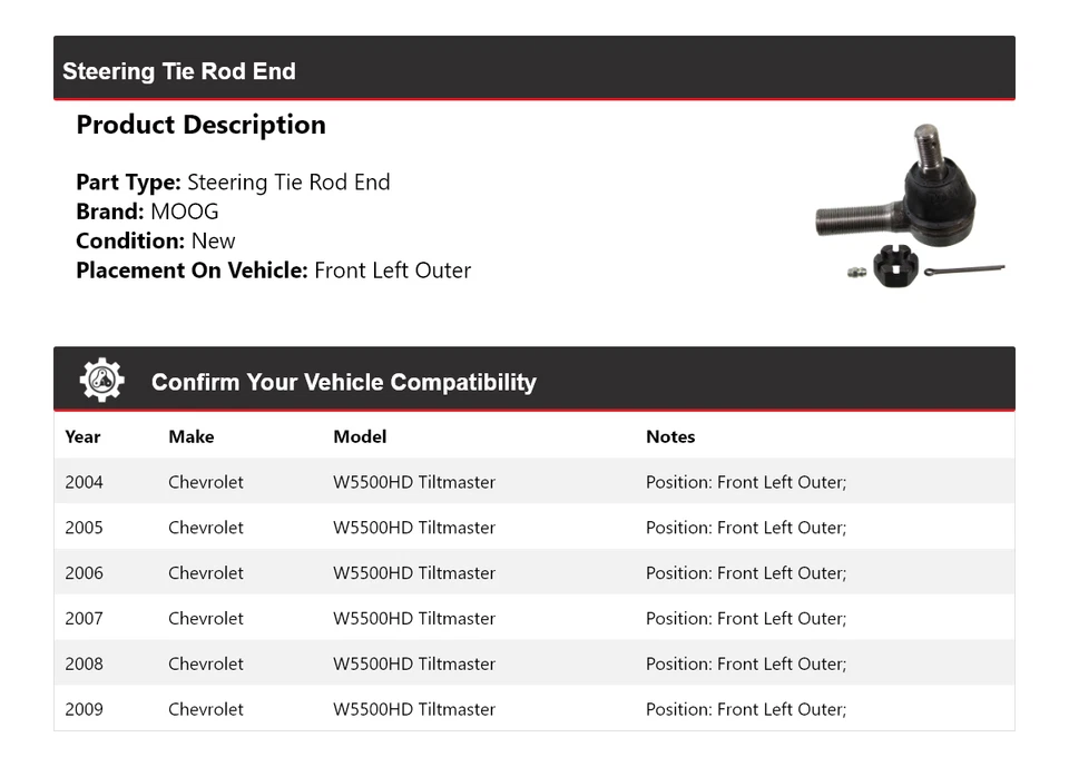 For 2004-2009 Chevrolet W5500HD Tiltmaster Steering Tie Rod End MOOG 2004 2005 - Image 2 of 4