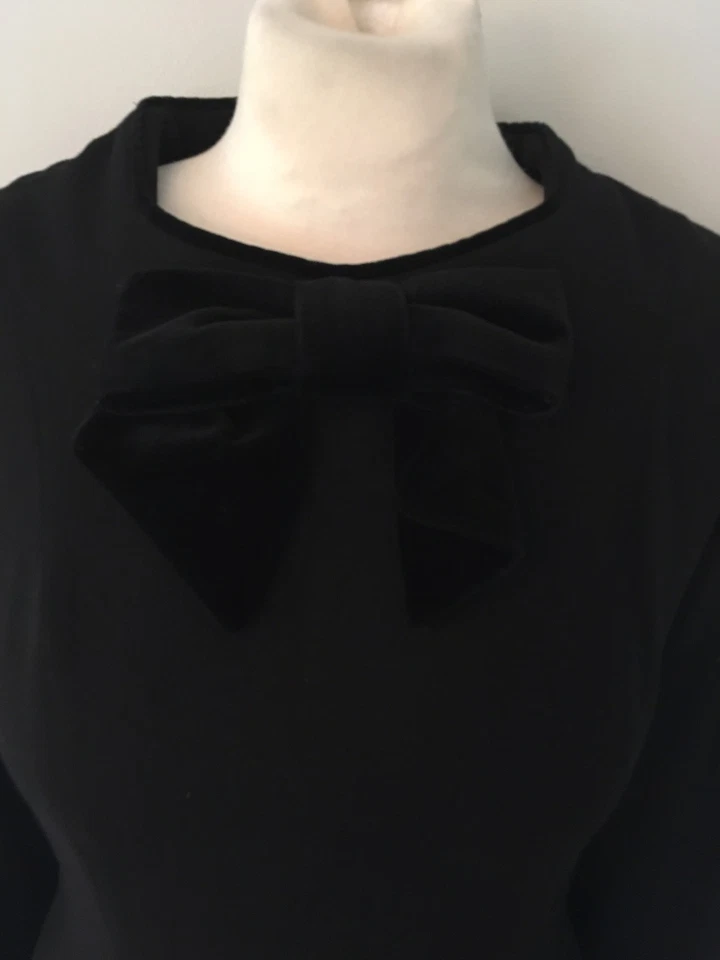 Vintage 80's LAURA ASHLEY Black Wool Big Velvet Bow Cocktail Evening Dress Sz M - Image 2 of 4