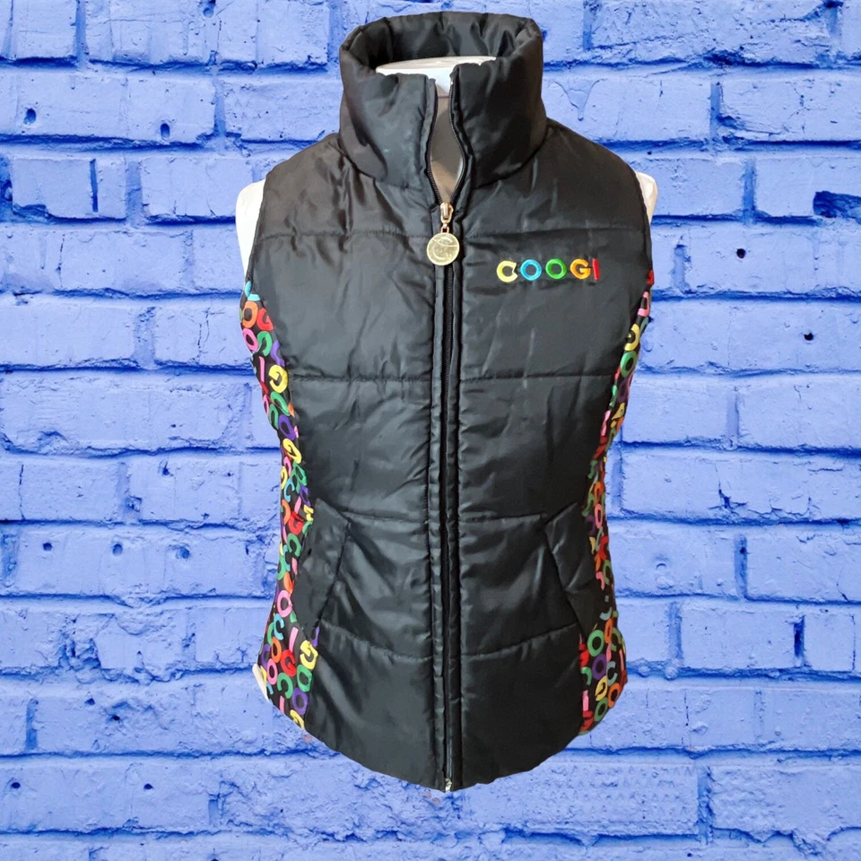 Vintage Coogi Womens Black Puffer Sleeveless Vest 80s 90s Colorful Logo Medium - Image 3 of 4