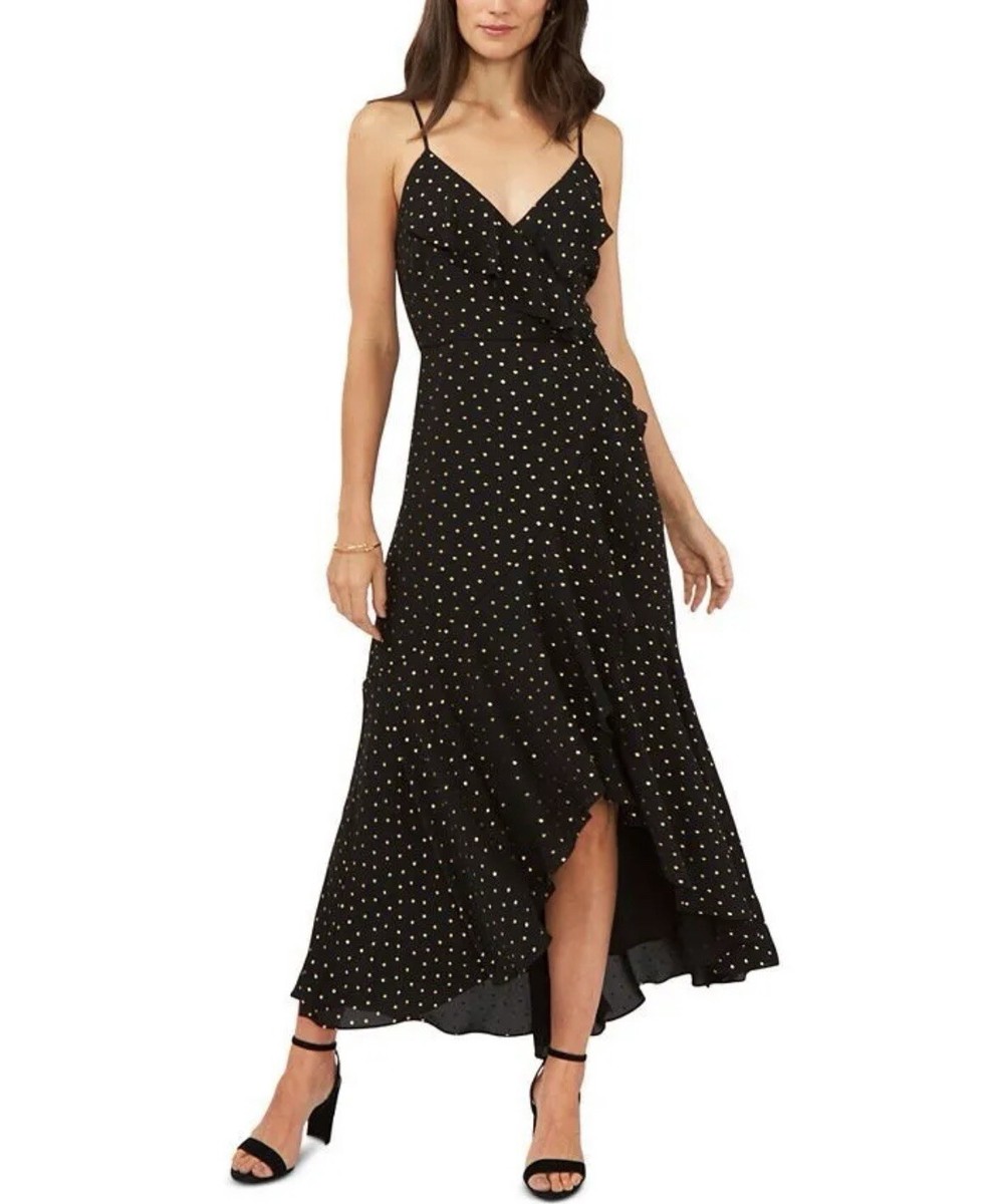 NWT MSK Petite Black Gold Dot Ruffled Wrap Dress Front Slit Hi Low New  Strappy | eBay