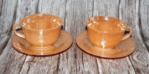 FIRE KING Peach Lustre Set/2 Laurel Cup Saucer*VTG USA*Anchor Hocking*Luster