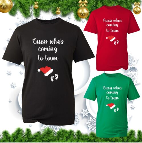 Guess Who's Coming To Town Christmas T-Shirt Xmas Baby Announcement Quote Top - Picture 1 of 5