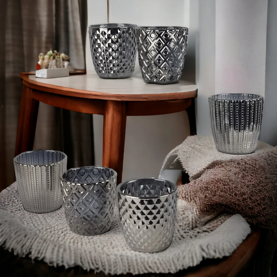 6 Teelicht Halter Glas Teelichthalter Gläschen Kerzenhalter Tischdeko silber - Bild 3 von 4