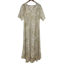 Vintage Linda Lundstrom Dress Womens Medium Large Beige Floral Chiffon Maxi Slip