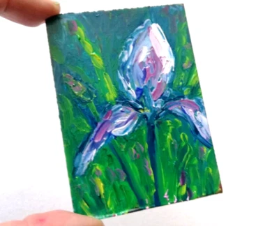 Blumen Iris Abstrakt Öl Gemälde. Miniature Lila Blumen. Ohne Rahmen.64x89 mm - Bild 1 von 4