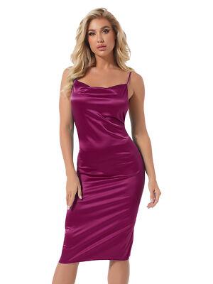 Women's Midi Dress Cocktail Party Dress Silk Satin Spaghetti Strap Bodycon  Dress | eBay