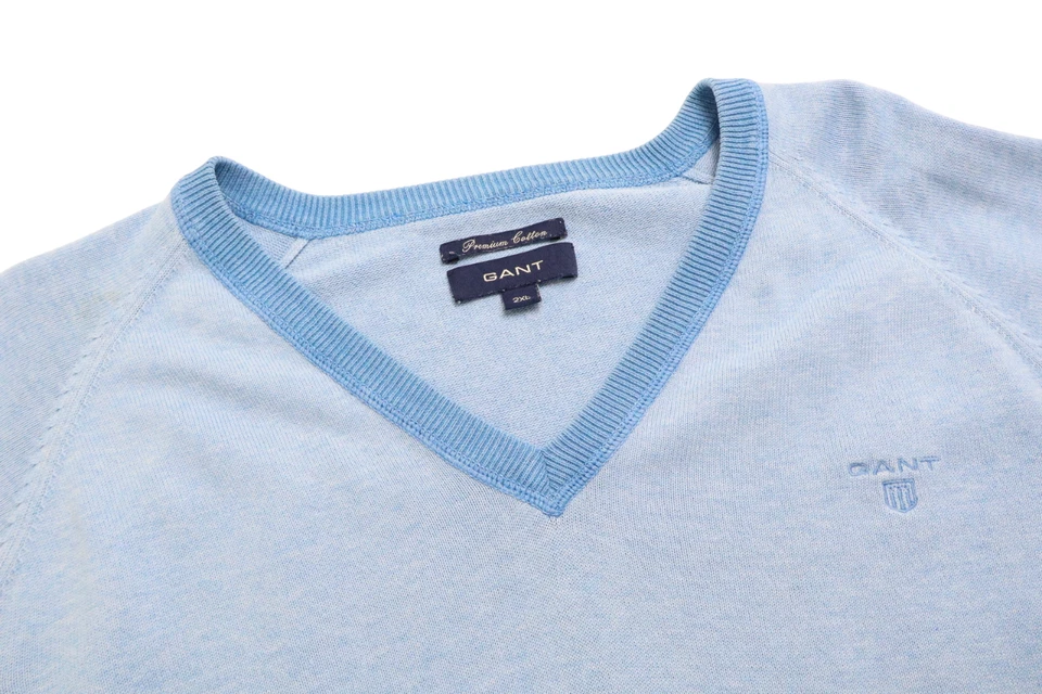 Gant Premium En Coton Pull Homme 2XL Col En V Pull Ample Bleu Mélangé - Photo 4/4