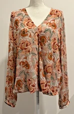 NYDJ Pink Multi Floral Blouse Long Sleeve V-Neck Wrap Front Large