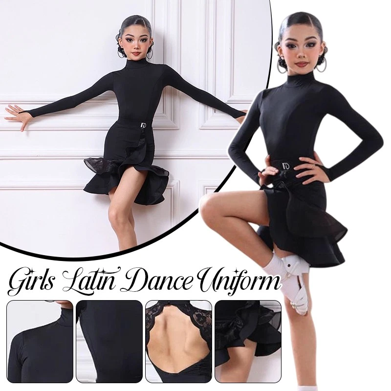Girls Latin Dance Uniform Long Sleeve Backless Competition Dress Tango Dancewear - Image 2 of 4