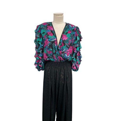 Vintage Diane Freis Jumpsuit Beaded Palazzo Pant Ruffle Sleeves Size Medium ? - Picture 2 of 15