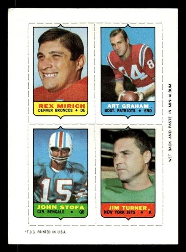 1969 TOPPS JIM TURNER NNO VG-EX REX MIRICH ART GRAHAM JOHN STOFA 4-IN-1 FOOTBALL