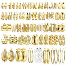 42 Pairs Gold Hoop Earrings Set for Women, Fashion Chunky Pearl Gold-42 pairs