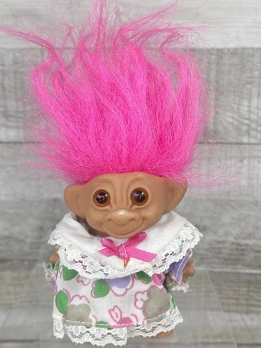 Vintage Uneeda Happy Birthday WishNik Troll - Pink Hair - Horseshoes
